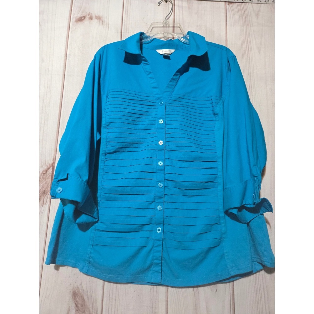 CJ Banks Womens 2X Turquoise Blue Pleated Pin Tuck 3/4 Sleeve Button Front Top